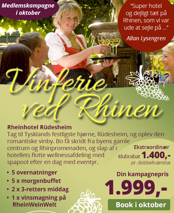 Kampagnepris med ekstraordinær klubrabat på Rheinhotel Rüdesheim i Sydtyskland